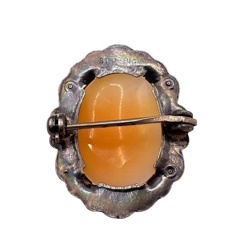 VINTAGE STERLING SILVER MARCASITE AND CARVED SHELL WOMAN CAMEO PIN BROOCH ‎ READ - Picture 4 of 9